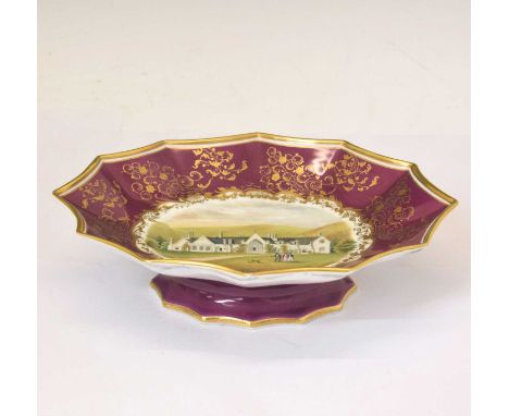 Chamberlain’s Worcester comport, dodecagonal top gilded with foliate scrolls on a claret ground enclosing central reserve pai