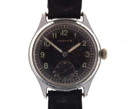 Protex - Second World War Period German Army stainless steel mechanical wristwatch, ref. 497, black dial with luminous Arabic