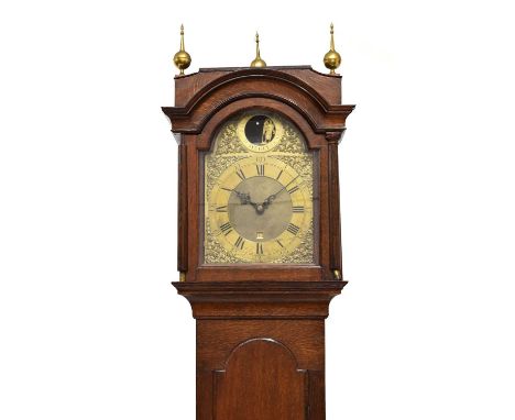 Early George III oak-cased 30-hour brass dial longcase clock with rocking 'Tempus Fugit' automaton, the 11-inch break-arched 