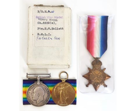 WW1 Royal Naval Division Casualty Family Medals.  Comprising: British War Medal, Victory Medal, awarded to CH 2203-S- PTE H W