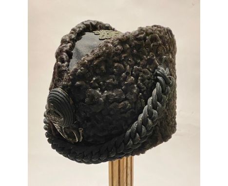 Rifle Brigade Officer Astrakhan Cap.  A good example of black astrakhan wool, with green cloth top with ornate figure in blac