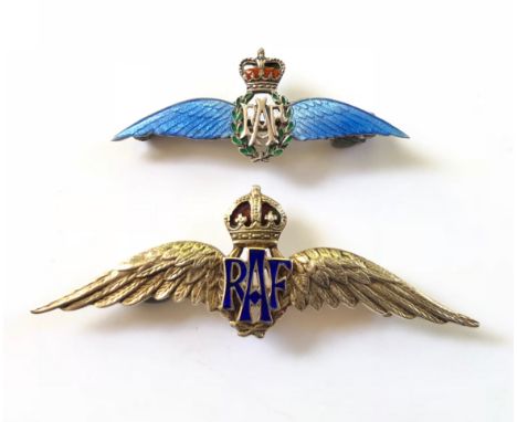 2 Royal Air Force Pilot Wings Regimental Sweetheart Brooches.  A WW2 King crown example gold example with enamel to the crown