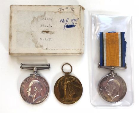 WW1 RAF &amp; RNAS Medals. Comprising: British War Medal, Victory Medal, awarded to 281157 PTE 2 A ALLEN RAF. Complete with p