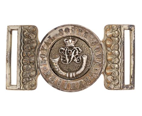 Irish Royal South Down Regiment of Militia Victorian Officer waist belt clasp circa 1856-81. Fine rare silver-plated interloc