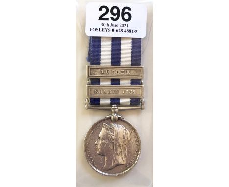 Royal Marine Light Infantry Victorian Egypt Medal with two clasps. Awarded to J BROWN PTE RMLI. Bearing the clasps Suakin 188