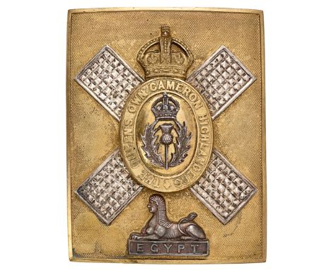 Scottish. Queen Own Cameron Highlanders Officer shoulder belt plate.  Good 20th Century gilt engine-turned plate with burnish