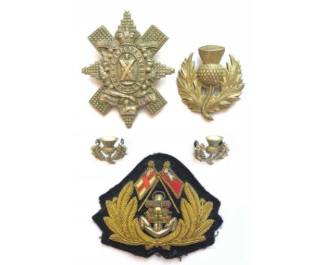 4 various Scottish badges and a Shipping Line Officer cap badge.  10th Lanarkshire Rifle Volunteers Victorian glengarry badge