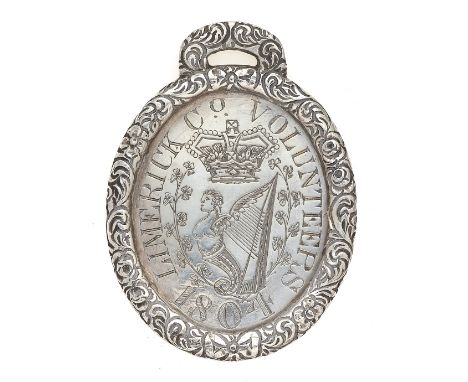 Irish. Limerick County Volunteers George III 1804 silver Reward of Merit.  Good rare oval unmarked silver example with raised