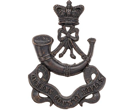 Irish Queen County Rifles Militia Victorian glengarry badge circa 1874-81. Good scarce die-stamped blackened brass crowned st