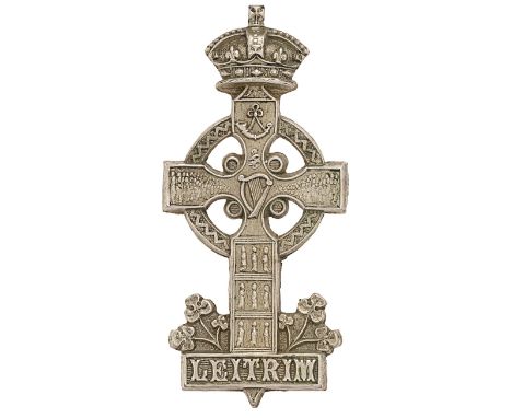 Irish Leitrim Rifles Militia Victorian glengarry badge circa 1874-81.  Good rare die-stamped white metal crowned Celtic cross