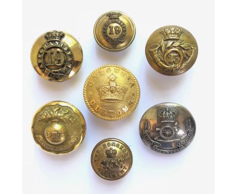 Selection of 7 Indian Army and related coatee buttons/tunic buttons.  19th Bengal NI c1846-57 ... ditto small ... 23rd Bombay