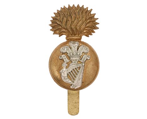 Princess Victoria (Royal Irish Fusiliers) Edwardian Brodrick cap badge circa 1902-05.  Good scarce die-cast brass flaming gre