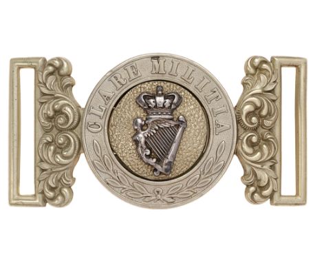 Irish Clare Militia Victorian Officer waist belt clasp circa 1856-81.  Fine rare nickel silver interlocking example with matc