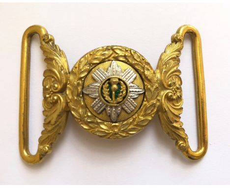 Scots Guards Officer waist belt clasp.  Very fine rich gilt laurel interlocking example, matching benchmarks to each half, wi