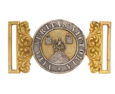 Irish Londonderry Militia Victorian Officer waist belt clasp circa 1856-81. Fine rare silver and gilt interlocking example by