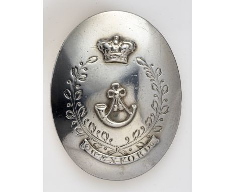 Irish. Wexford George III shoulder belt plate circa 1795.  Fine rare silver oval plate incised with laurel sprays; applied cr