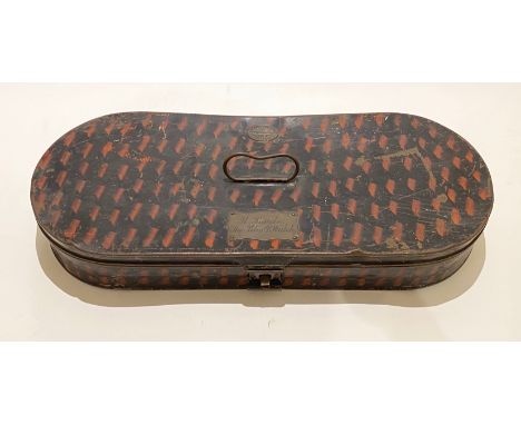 Black Watch Victorian Officer Sporran Storage Tin.  A rare Japanned metal example, retailed through Rodgers &amp; Company of 