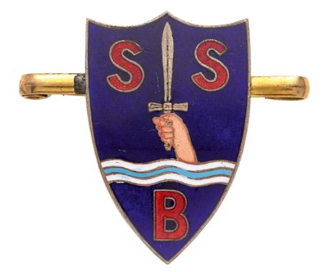 Special Boat Section/Service WW2 beret badge.  A fine rare blue enamel shield depicting Excalibur rising from the water with 