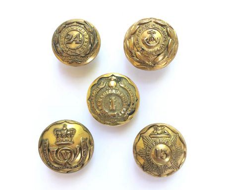 Selection of 5 Indian Army coatee buttons/tunic buttons.  24th Bengal NI c1846-57 ... 26th (Light Infantry) Bengal NI c1855-5