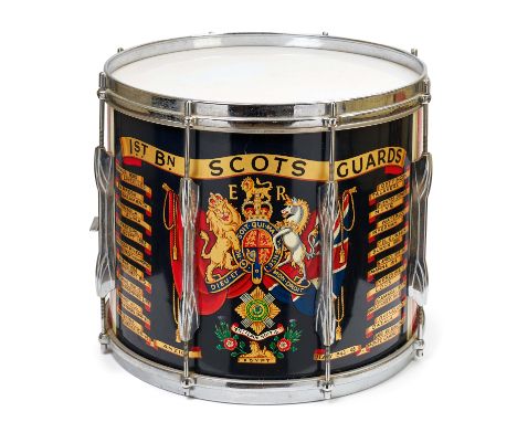 1st Bn Scots Guards post 1953 side drum by Potter of Aldershot. A good and attractive example emblazoned with the Regimental 