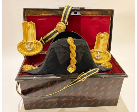 Royal Navy Officer Cocked hat, Epaulettes, Belt Boxed Set  A Very good group attributed to Lieutenant Commander H.G. Grace RN