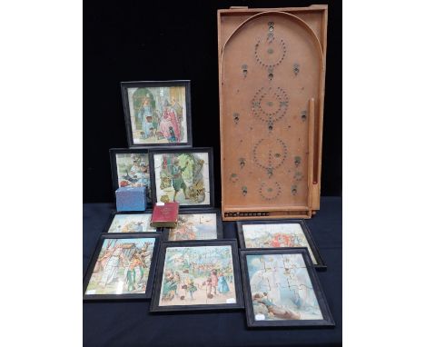 VARIOUS FRAMED VICTORIAN JIG-SAW PUZZLES (with some damage), a pinball game, and card games