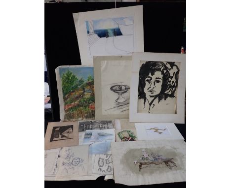 A FOLDER OF DRAWINGS, PAINTINGS AND PRINTS with work by Philip Sutton, Ben Levene, also a stage design, and other work by Sla