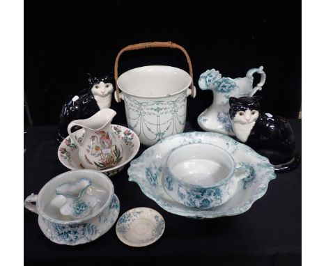 A PORTMEIRION JUG AND BASIN a pair of Staffordshire ' Just cats and Co' cats, a Victorian part toilet set, and other items
