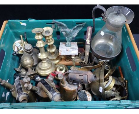 THREE VINTAGE 'MONITOR' BLOWLAMPS brass candlesticks, a 'Waterloo' eagle on marble base, and other items