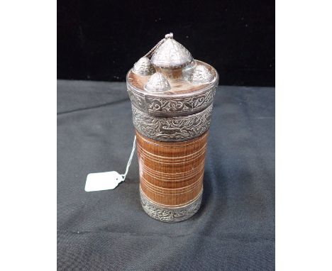 WHITE METAL MOUNTED WOODEN CYLINDRICAL TEA CADDY Thai