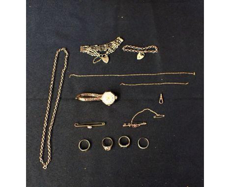 A 9CT GOLD GATE BRACELET together with another 9ct gold link bracelet, and a collection of other 9ct gold and yellow metal ri
