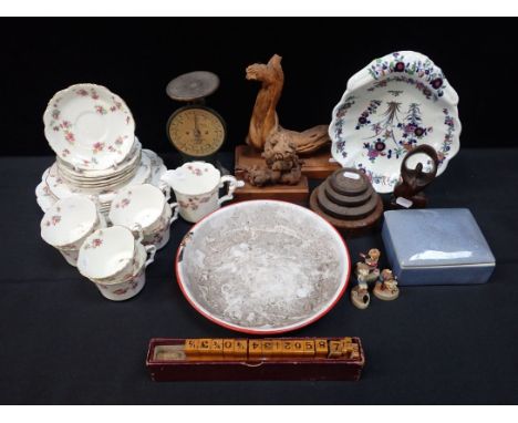 A PART TEA SERVICE, SCALES AND WEIGHTS and sundries
