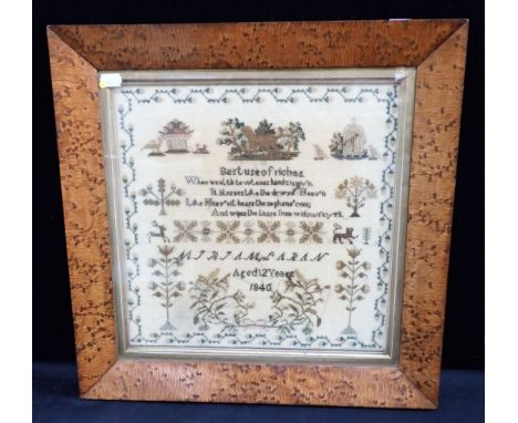 AN EARLY VICTORIAN NEEDLEWORK SAMPLER, DATED 1840 'Best use of riches', by Miriam Laran (or Saran), aged 12, in broad bird's-