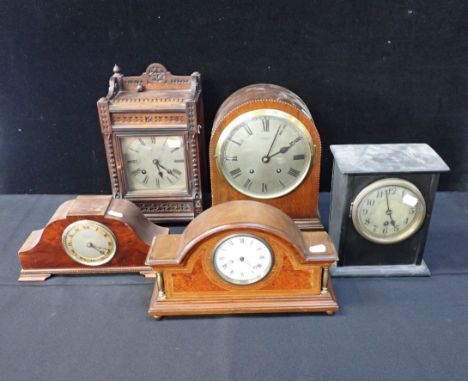 AN AESTHETIC STYLE MANTEL CLOCK with silvered dial, striking on two gongs (a/f), and other clocks (6) (sold as seen)