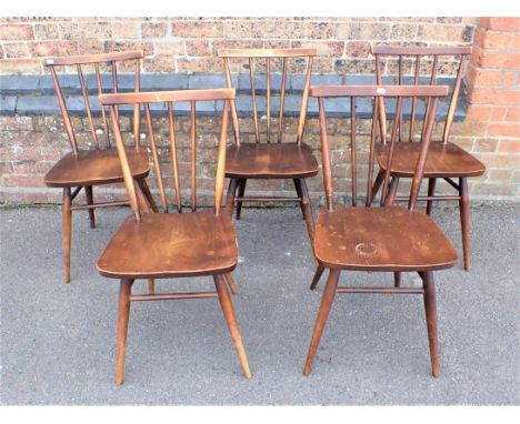 FIVE STICK BACK ERCOL DINING CHAIRS dark finish, impressed stamps but no labels