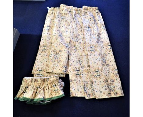 TWO PAIRS BROCADE CURTAINS plus pelmets, one 133cm long by 180cm wide (each curtain) and the other 160cm wide (each curtain) 