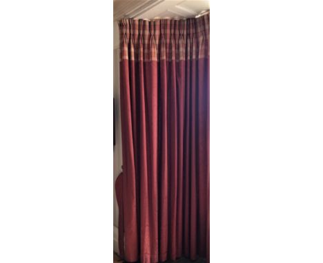 A PAIR OF BROCADE AND TARTAN FULL LENGTH CURTAINS Fully lined and interlined, with tie backs, top with pinch pleats. Each cur