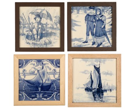 A GROUP OF FOUR FRAMED BLUE AND WHITE TRANSFER PRINTED TILES comprising: A W.T. Copeland tile depicting a fisherman hauling i