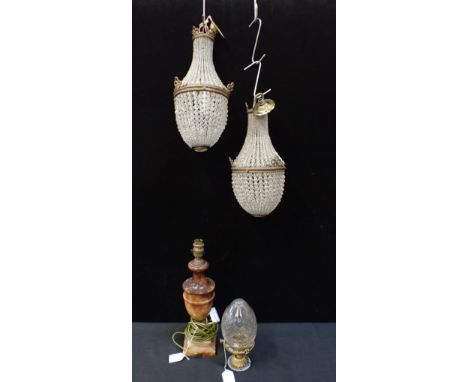 A PAIR OF EMPIRE CRYSTAL PENDANTS 32cm height, with a smaller pendant glass shade light fitting and an alabaster table lamp