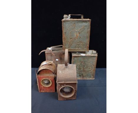 MOTORING: A VINTAGE 'SHELL' PETROL CAN, ANOTHER 'ESSO' another un-named, and two old roadworks oil lamps, 'Dibben' and 'Kenyo