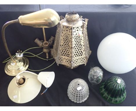 A EASTERN BRASS HANGING LANTERN with pierced sides, the lantern 38cm high, 58cm high including drop, together with a collecti