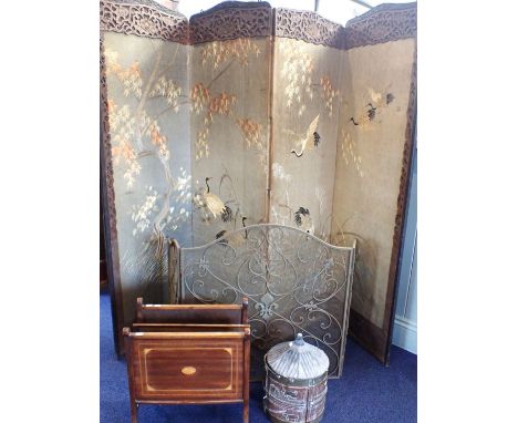 A JAPANESE EMBROIDERED FOLDING SCREEN (damaged) together with a metal fireguard, a brass bound wooden pot, and a mahogany mag