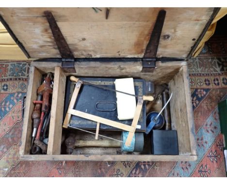 A NAVAL ENGINEER'S TOOLBOX 'THOMPSON D77' containing a few tools (D77 was H.M.S. Trafalgar, commissioned 1944)