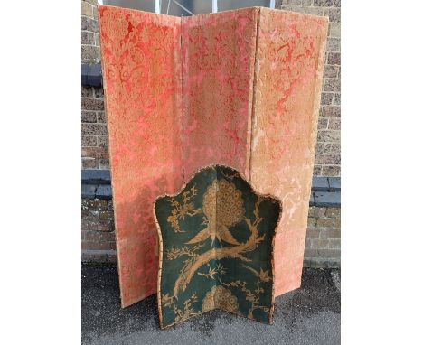 A LATE VICTORIAN PRINTED VELVET FIRESCREEN with a Chinoiserie peacock design, over two folding panels 85cm high (worn), and a
