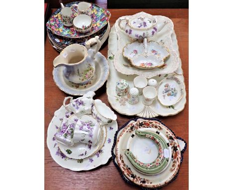 A HAMMERSLEY VICTORIAN VIOLETS TEASET FOR TWO with ceramic trays, a Haddon Hall cruet set, a Royal Winton chintz ware dish an