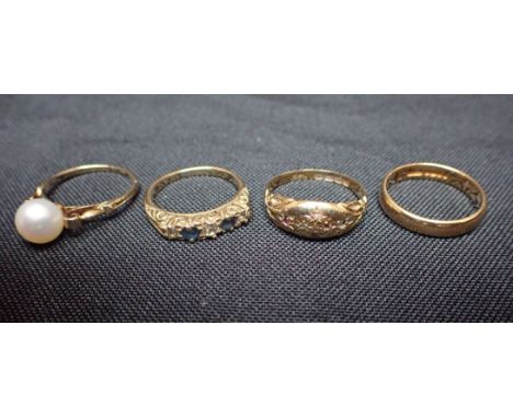 A 22 CT GOLD WEDDING BAND, A GOLD, SAPPHIRE AND DIAMOND RING an 18ct gold, ruby and diamond chip ring, and a 14ct and pearl r