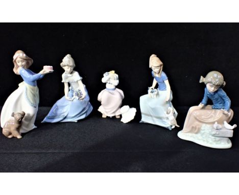 GROUP OF LLADRO FIGURINES Girl with bird, girl with cake and three girls with puppies (one damaged, head broken off) (5)