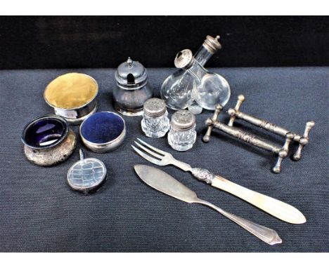 3 SILVER BACKED PIN CUSHIONS with a Silver fork and Silver butter knife, and other items (12)