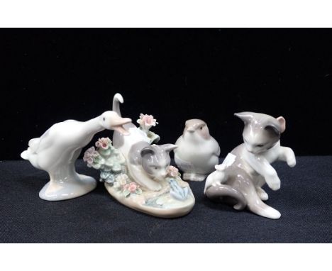 A COLLECTION OF LLADRO small bird, cat, goose and another cat (4)