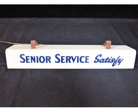 ADVERTISING: A VINTAGE ILLUMINATED SIGN ; 'SENIOR SERVICE Satisfy' fitted to clip to a shelf 35cm wide